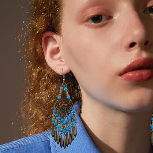 Handmade Vintage Bronze Bohemian Long Tassel Colorful Bead Dangle Drop Earrings Big Tribal Chandelier Geometry Hook Earrings for Women Statement Jewelry Gifts - color: Lake Blue