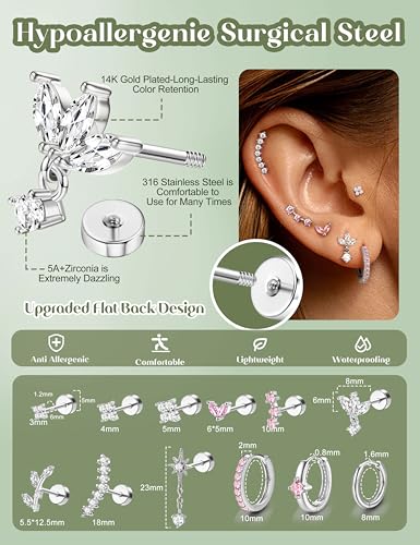 ORAZIO 16 Gauge Cartilage Earrings for Women Flat Back Hypoallergenic Surgical Steel Small Flatback Stud Hoop Cartilage Earring Stack Set Daith Conch Tragus Helix Piercing Jewelry Single PC - color: Silver Plated+Pink CZ