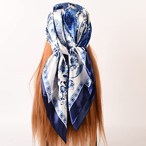 35 x 35 Women's Fashion Pattern Large Square Silk Like Hair Scarf Head Sleeping Wrap Satin Neck Bandana for Gift… - color: Blue and White Porcelain-navy Blue