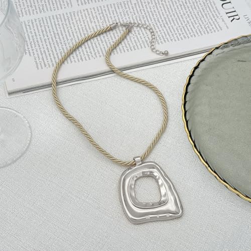 Chunky Gold Large Hollow Square Pendant Long Rope Necklaces for Women, Boho Big Silver Ethnic Style Necklace Statement Party Festival Jewelry Gifts - color: Silver