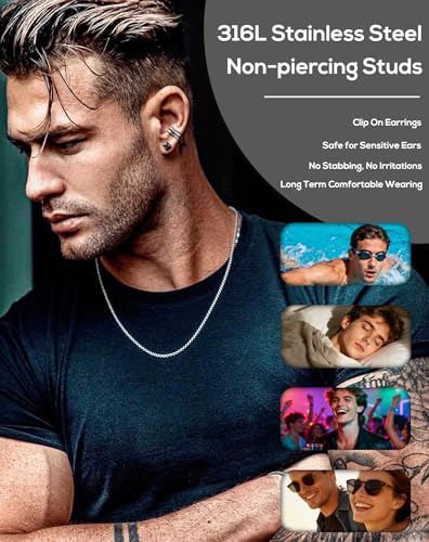 SIISPRI Magnetic Stud Earrings for Women Men Clip on Stud Earring Hypoallergenic Fake Earring Unisex Non Piercing CZ Halo Studs Diamond Earrings,Men's Aretes de lman - color: Black Gold Silver
