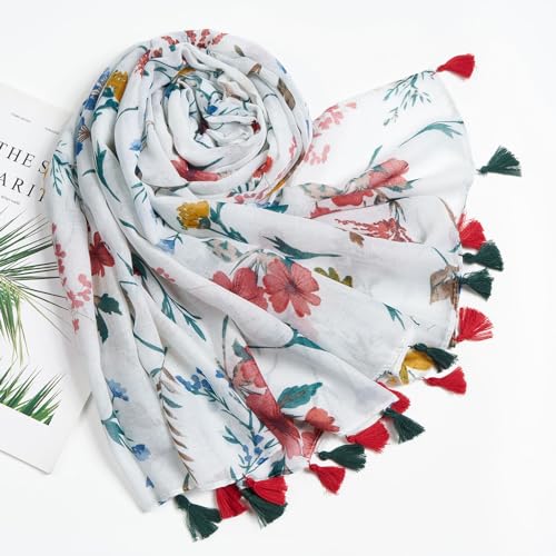 QIUTIMIY Scarf for Women Lightweight Soft Floral Leopard Printed Scarves Fall Winter Fashion Shawl Wrap with Fringe - color: Flower-red White