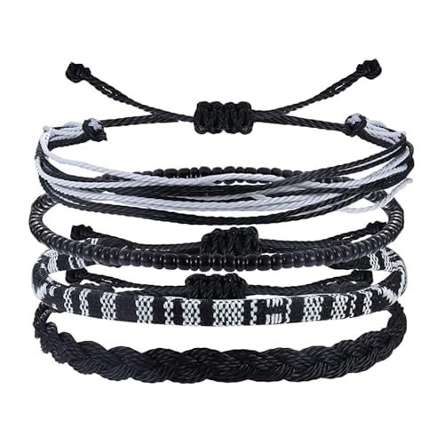 Beach Summer Ankle Bracelet for Women Handmade Braided Adjustable String Anklets Waterproof Surfer Bracelet - color: Black