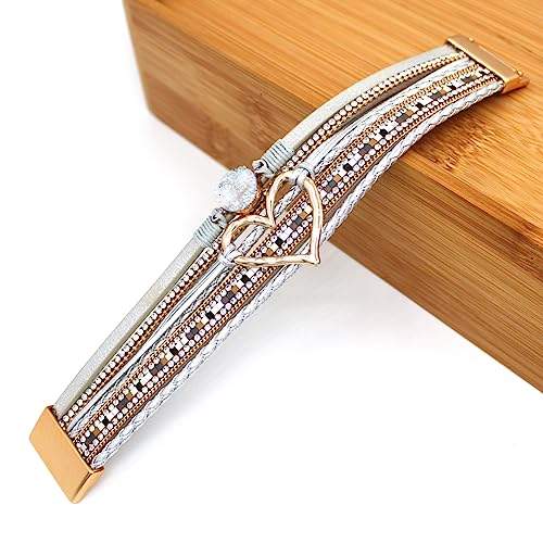 Womens Multi Layer Heart Leather Wrap Bracelet Boho Stackable Cuff Bangle Magnetic Clasp Crystal Birthday Valentine Gift - color: White-gold