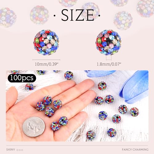 100pcs 10mm Rhinestone Beads for Jewelry Making, Black Mixed Shiny Round Shamballa Disco Beads Bulk, Sparkle Crystal Clay Christmas for Bracelet Baseball Necklace Earring Crafting and DIY - color: Black Mixed, size: 10mm/100pcs