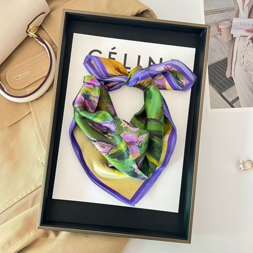 MEISEE 100% Pure Mulberry Silk Scarf 21" Square Scarf Neckerchief Headscarf Breathable Lightweight for Women Gift Packed - color: M3 Green+purple