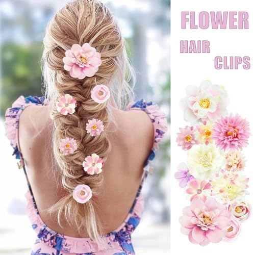 21 PCS Flowers Hair Accessories Women Boho Hair Barrettes Clips Girls Pink Purple Floral Rose Bride Headpiece Wedding Festival(PINK & PURPLE) - color: Pink&Purple, size: 1 Count (Pack of 21)