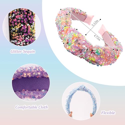 Headbands for Girls Women, 6Pcs Knotted Glitter Sequins Headbands Women Girls Sparkly Top Knot Headband Pink Blue Purple Black Hairbands Hair Accessories for Back to School or Daily Outfits
