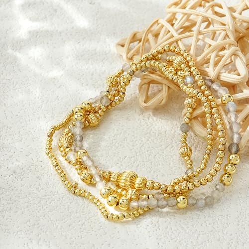 Dainty 14K Gold Lantern Beaded Bracelets Stack for Women,4PCS Colorful Glass Beads Stretch Stackable Bracelets Set Fashion Prom Jewelry Gift Friendship - color: White