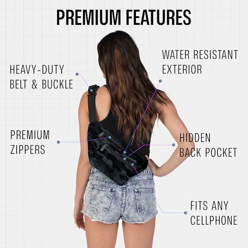 Black Camo Fanny Pack Belt bag - Crossbody Waist Bag for Men or Women - Hands-Free, Waterproof Large Bumbag for Hiking, Running, and Travel - color: Black Camo