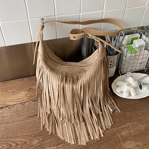 Fringe Genuine Suede Leather Hobo Bag Adjustable Crossbody Shoulder Bag Boho Retro Tassel Handbag Gift Box - color: Khaki