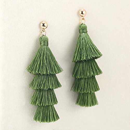 BaubleStar Tassel Earrings Handmade Tiered Thread Tassel Dangle Earrings, Multi Colors - color: Green