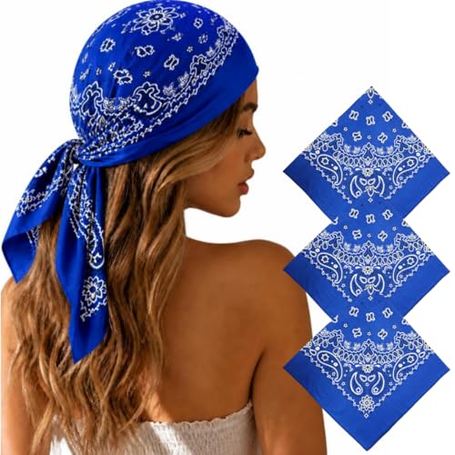 Junvena 27 Inch Extra Large Bandana 100% Cotton,Soft Thin Breathable Headband for Men Women, Solid & Paisley - color: Blue 3 Pack