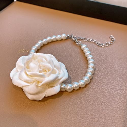 Vintage Imitation Pearl Bracelet with Rose Flower Charm Dainty Pearl Wrist Band Boho Rose Hand Accessories for Women Bridal Wedding Prom Festival - color: Ivory