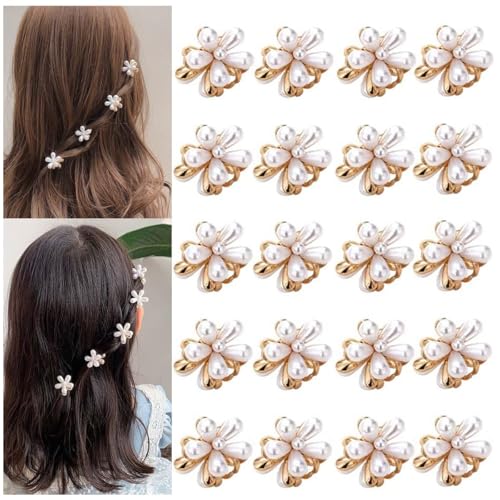 Gold Small Flower Hair Clips for Women, Cute Mini Tiny Little Sparkling Metal Flower Sweet Artificial Bangs Nonslip Hair Claw Clips Decorative (White) - color: White