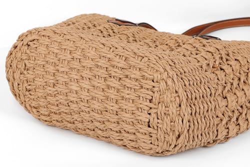 Women's Straw Shoulder Bag Large Rattan Woven Totes Summer Travel Beach Handbag Handmade Top Handle Purse - color: Beige