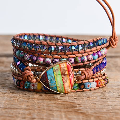 YGLINE Boho Handmade Wrap Leather Tube Crystal Stone Bracelet for Women - color: Chakra 4