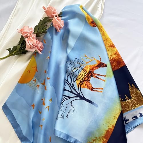 Julunar Silk Like Head Scarf for Women - Satin Large Hair Scarves - 35" Square Silk Hair Wrap for Sleeping with Gift Packed - color: A020-1 Sun & Woodland