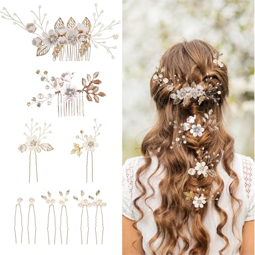 Floral Hair Clip Set - 10PCS Rose Gold & White Flower Hairs Accessories for Women, Vintage Bridesmaid Hairs Pins, Wedding Hair Comb, Mother of Bride, Prom, Victorian Hair Decorations - color: White