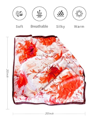 Hioyiwse Head Scarf For Women Hair Bandana 35" Large Square Satin Wrap Sleeping Neck Silk Satin Hair Scarves Lightweight - color: F28-orange Painting（35*35inch）