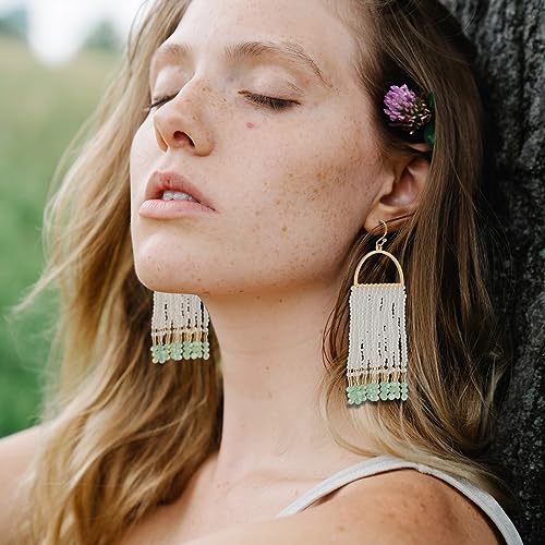 Bohemia Beaded Dangle Earrings - Handmade Seed Bead Earrings, Statement Beaded Tassel Earrings for Women - color: MINT GREEN