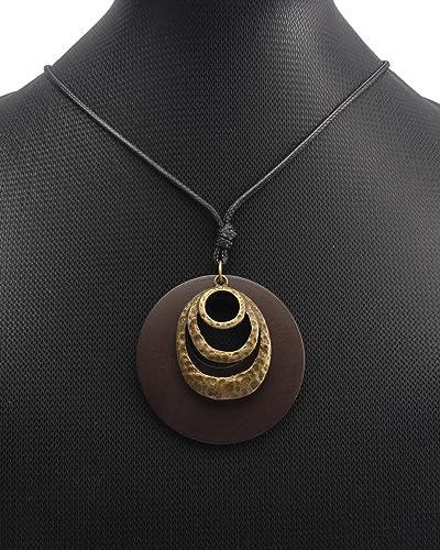 GelConnie Leather Cord Necklace Chain Multilayer Wooden Pendant Necklaces Vintage Jewelry Boho Long Sweater Necklace for Women Men - color: Circle Wooden Necklace