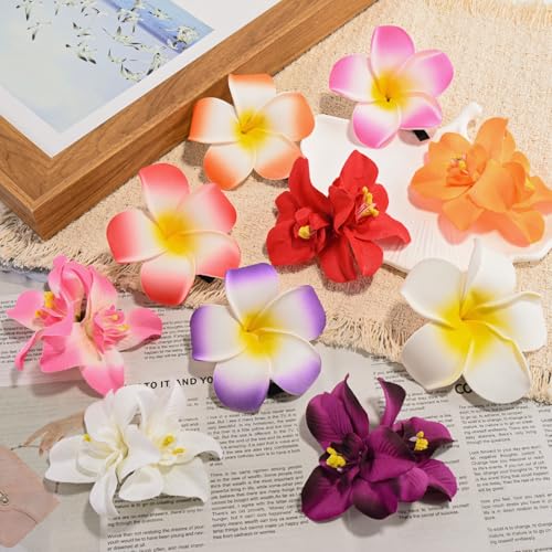 10 pcs Hawaiian Flower Hair Clips for Women，Plumeria Hibiscus Hair Clips Artificial Flower Clips，Boho Hair Accessories for Vacation Beach Party - Orchid & Plumeria - color: Orchid & Plumeria