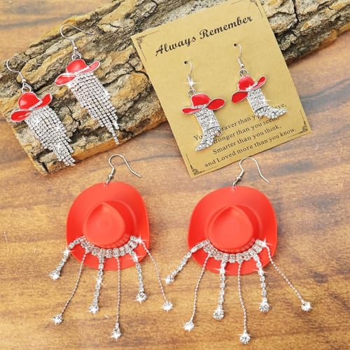 RechicGu 3 Pairs Western Cowgirl Cowboy Hat Earrings Set Silver Symmetric Boots Sparkly Rhinestone Tassels Drop Dangle Rural Culture Earrings Set For Women - color: Silver Boots,Red Hat