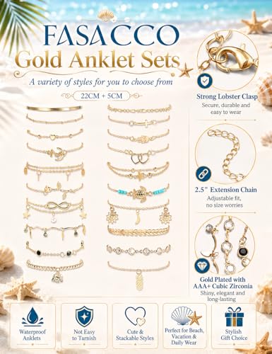 FASACCO 20Pcs Ankle Bracelets for Women Adjustable Beach Anklet Set Surfer Anklet Heart Star Turtle Infinite Anklets Foot Jewelry - color: gold tone