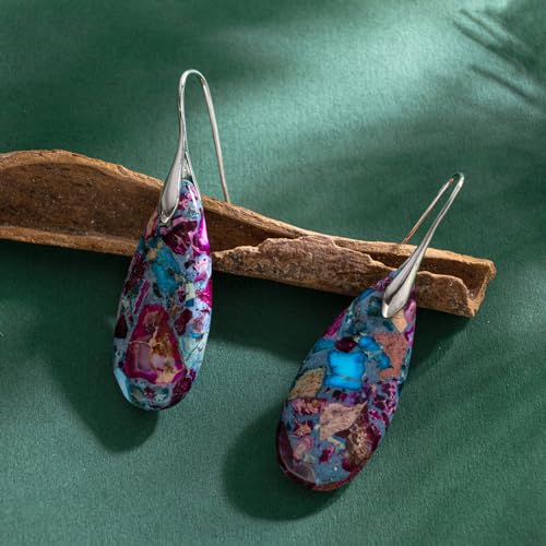 SELOVO Stone Fishhook Dangle Drop Earrings Statement Earrings for Women Stone - color: Blue&Purple-Silver Color Hook