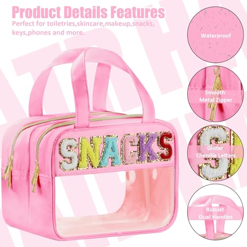 BuyCard Chenille Letter Clear Snack Makeup Bags, Waterproof Large Clear Travel Toiletry Bag, Nylon Snacks Cosmetic Pouch Bag with Handles and Zipper, Storage Bag for Women, Pink - color: Pink-Snacks