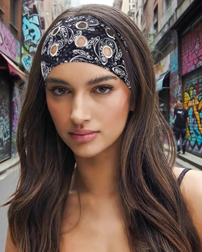 AWAYTR Women Hollow Out Eyelet Elastic Headband Y2K Wide Grommet Hairband Punk Grunge Wide Band for Girls (Snakeskin pattern/White Wave/Cashew Black, One size) - color: Snakeskin pattern/White Wave/Cashew Black