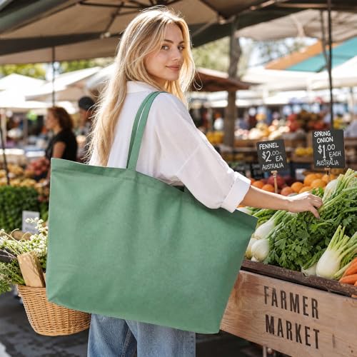 Large Canvas Tote Bag-Extra Big Shopping Beach Totes Bags Reusable Largest Grocery Plain Solid Bag 28"x8"x16" - color: Mint Green With Zipper