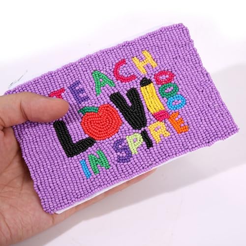 Teacher Beaded Coin Purse Teach Love Inspire Seed Bead Coin Purse Back to School Accessory Small Cute Wallet Coin Pouch Purse Teacher Appreciate Gift for Teachers - style: Teacher Beaded Coin Purse