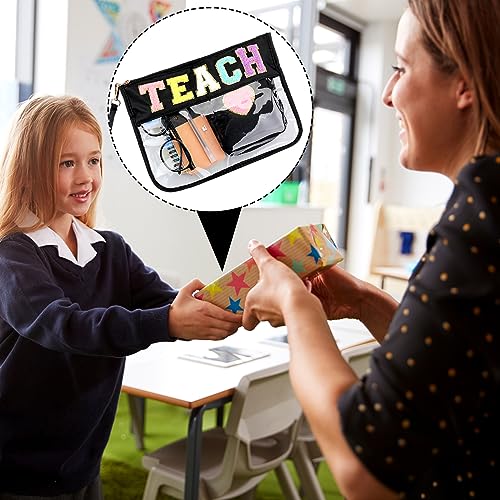 Hillban 2 Pcs Teacher Appreciation Gifts Teach Chenille Letter Clear Makeup Bag Pouch, Monogram PVC Clear Zipper Pouch with Wristlet Travel Cosmetic Bag Graduation Retirement Teacher Gifts for Women - style: Teacher Theme