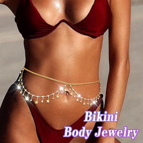 Rhinestone Waist Chains Crystal Waist Chain with Pendant Abdominal Chain Thin Minimalist Body Chain Jewelry for Women Beach Rave - style: B-Star-Gold