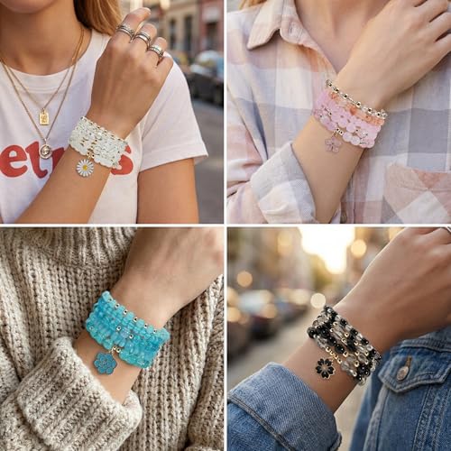 Bohemian Bracelet Sets for Women - 4-Pack Stackable Stretch Bead Bracelets with Black＆White Crystal & Gold Accessories, Multi-Layer Boho Jewelry - color: multi-color