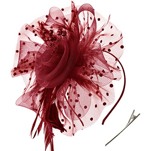 DRESHOW Fascinators Hat Flower Mesh Ribbons Feathers on a Headband and a Clip Tea Party Headwear for Girls and Women - color: 7" Diameter / Burgundy