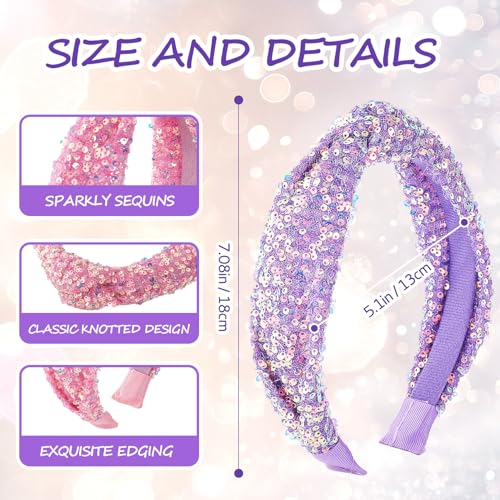 2 Pcs Sequin Knotted Headbands for Women Girls Glitter Sparkly Headbands Fashion Hair Accessories for Christmas Valentine’s Day (Pink and Purple)