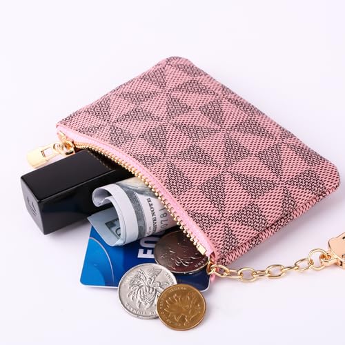 Leather Coin Purse for Women with KeyChain Small Zipper Change Purse coin Pouch Card Holder Wallet Clutch for Women & Men (Pink) - color: Pink