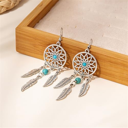 Boho Turquoise Drop Earrings Retro Long Copper Feather Tasse Metal Leaf Dangle Earrings Vintage Country Western Jewelry Cowgirl Ethnic Style Geometric Concert Festival Accessories for Women - color: Turquoise Silver Feather