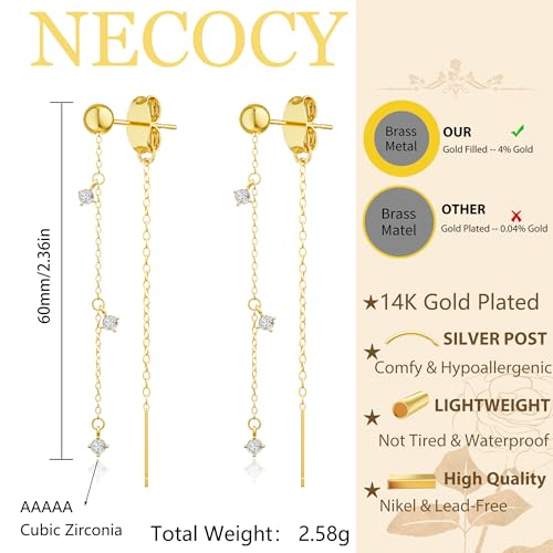 NECOCY Gold Dangle Earrings for Women Non Tarnish 14K Gold Plated Drop Wedding Hypallergenic Earring Dainty Long Hanging Chain CZ Pearl Threader Earrings Trendy Silver Plated Jewelry for Women - style: Gold&Style15