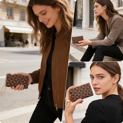 Leather Coin Purse for Women with KeyChain Small Zipper Change Purse coin Pouch Card Holder Wallet Clutch for Women & Men (Brown) - color: Brown