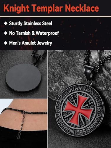 FaithHeart Knights Templar Necklace for Men, Christian Necklace for Men Stainless Steel Pendant Neckalces Christian Gifts with Gift Box - color: 01. Medal-Black