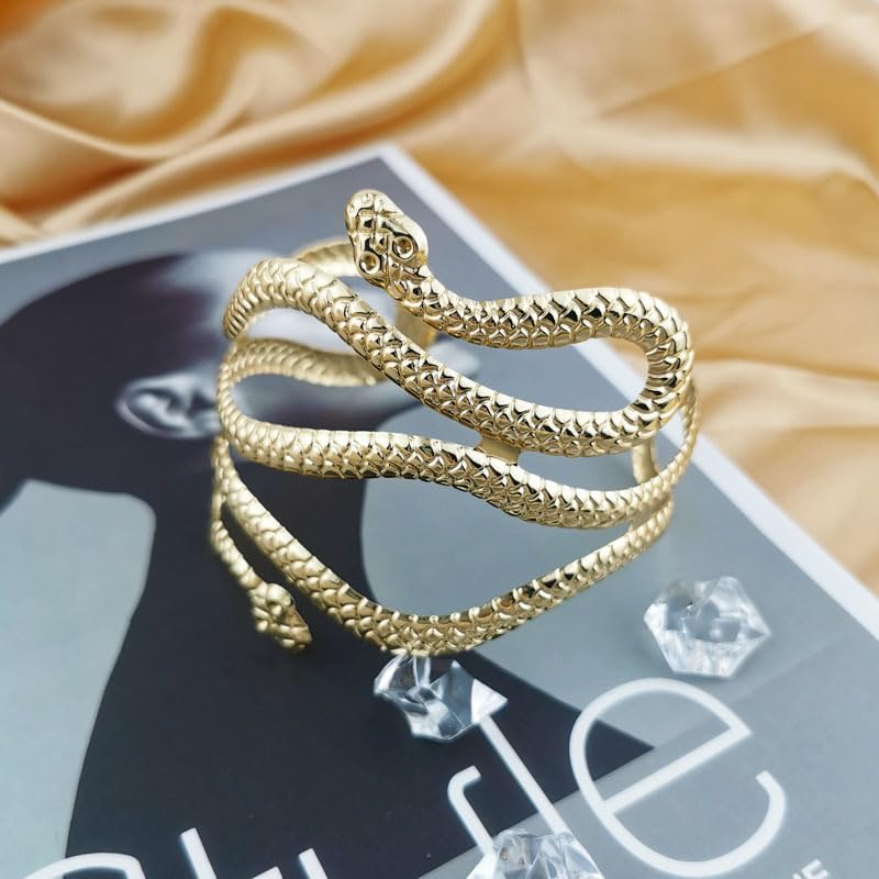 Pingyongchang 2 Pcs Cuff Bangle Bracelet for Women Open Wide Wire Bracelets Set Gold Wrist Cuff Wrap Bracelet Adjustable Classic Bohemia Birthday Gift - color: Snake Gold