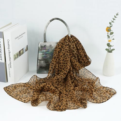 E-Clover Unique Fashion Women's Scarf Chiffon Sheer Scarves for Women Lightweight - color: Brown Leopard Print