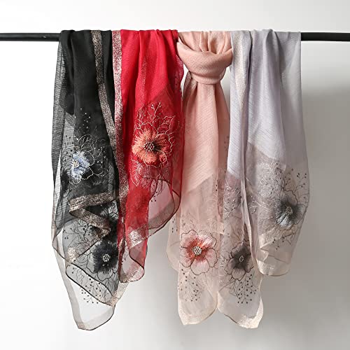 Jeelow Silk Blend Floral Fashion Scarf Shawl Wrap Lightweight Sheer For Women Floral Embroidery Wedding Party Prom - color: Purple Wool