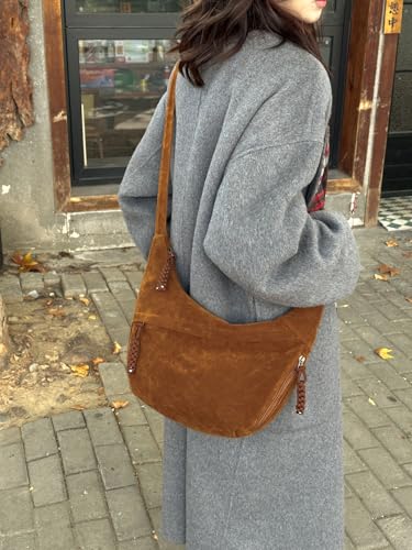 Women's Crescent Crossbody Bag – Large Capacity Suede Sling Bag, Travel Shoulder Bag for Women, Tote Purse - color: Brown