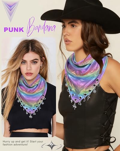 Punk Triangle Head Scarf with Metal Charms - Y2K Sparkly Bandana for Women | Vintage Neck Scarf for Festival Party Concert - color: Phantom White