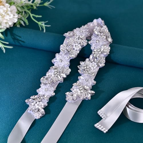 Rhinestone Wedding Bridal Belt for Women Formal Dress Handmade Crystal Beading Wedding Sash Belt - color: Grey